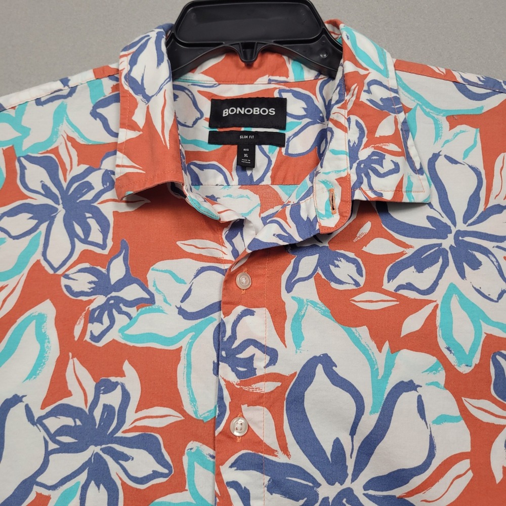 Bonobos Mens Slim Fit Short Sleeve Button Down Floral Shirt Orange Blue XL